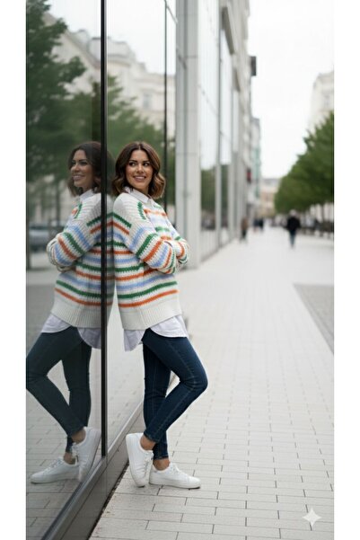 Afili butik Colorful Striped Oversized Knitwear – Crew Neck, Stretch Fabric , Soft Texture Standard Size