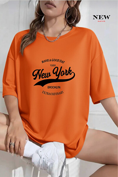 New Shine تي شيرت كبير الحجم مطبوع عليه نيويورك بروكلين