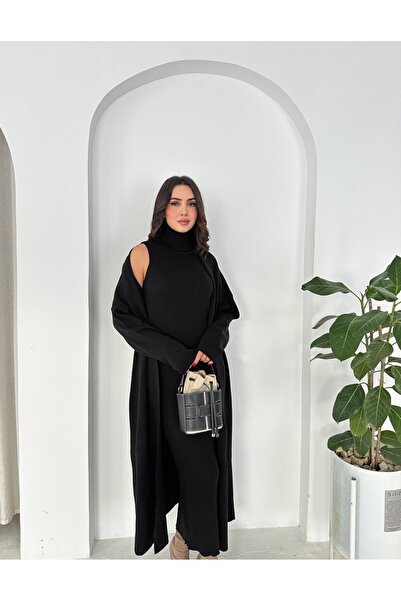 MAXXANA Turtleneck Zero-Sleeve Dress and Long Cardigan Two-Piece Knitwear Set