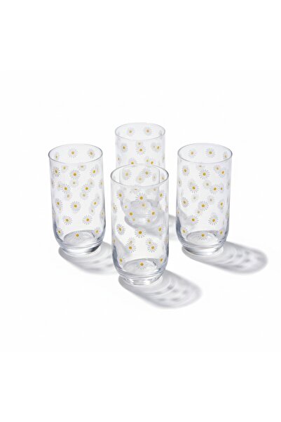 sharp&art Daisy Patterned Set of 4 Glass Cups, 380 Ml.