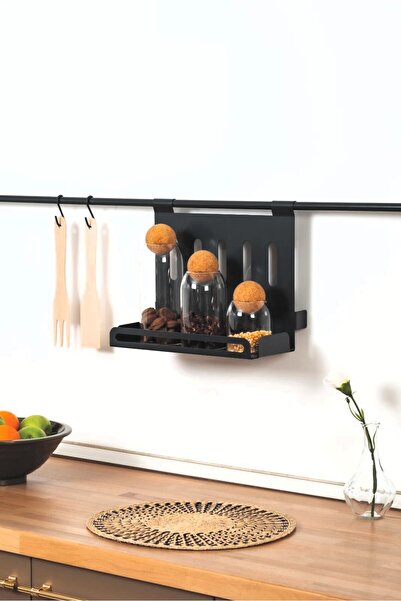 Keskin Metal Tasarım Stainless Steel Single Shelf Large Spice Rack Black