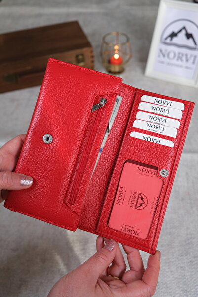 Norvi Leather Women's Genuine Leather Wallet with Plenty of Card Holders and Coin Compartment Red 1228