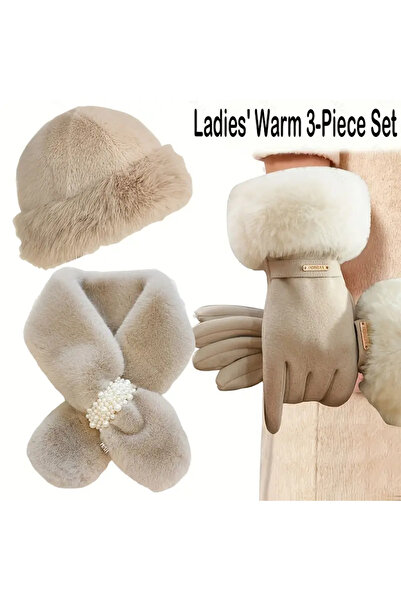 Kaan Accessoire 3 Pieces Winter Warm Accessories Set,Touchscreen Gloves,Scarf,Fur Cold Weather Protection for Ladies