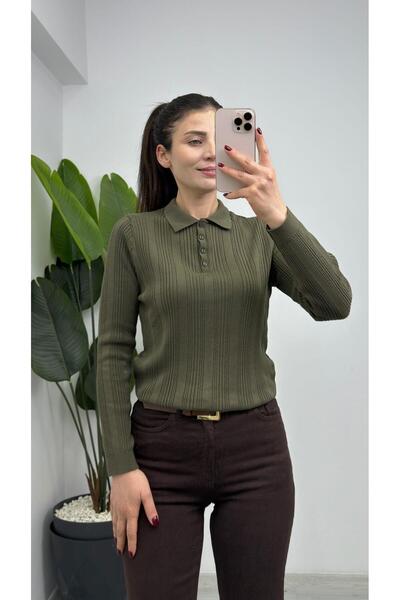 TUNAM BUTİK 364- حياكة دانتيل سترة تريكو بياقة بولو وأكمام طويلة كاكي