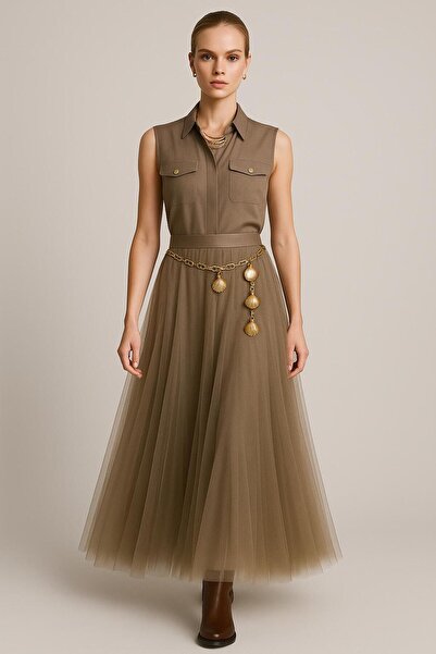 ALYEL NAKER Tulle Skirt Detailed Cappuchino Midi Sleeveless Top & Bottom Set