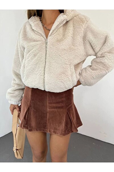 TİLLE Women's Rabbit Plush Fur Zippered Lined Coat