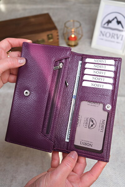 Norvi Leather Women's Genuine Leather Wallet with Plenty of Card Holders and Coin Compartment Purple 1228