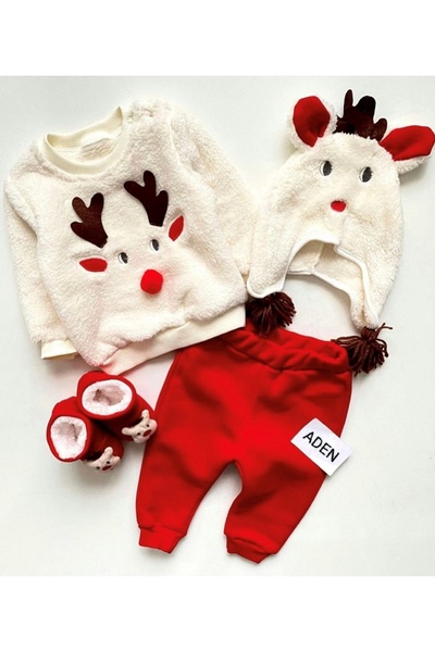 Necix Unisex Christmas Themed Deer Pattern Beret with Gloves Welsoft Fabric Set