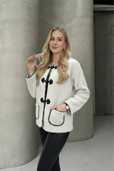 ALFUDO Moda Collection Ecru Buttoned Plush Women's Coat