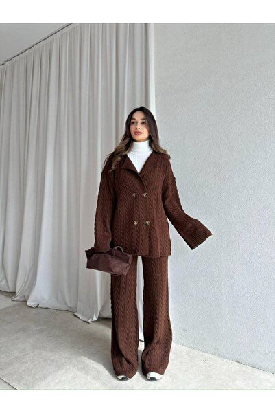 Narstorm Women's Braided Brown Knitwear Buttoned Jacket Set