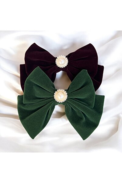 Rachel Suede Velvet Burgundy Large Design Pearl Crystal Stone Bow Buckle -16 cm