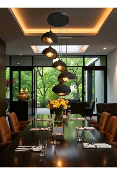 GLOBELUX Beton Görünümlü SİYAH İskandinav &Bohem Tarz 5’li Sarkıt Şık Avize (AMPUL HEDİYELİ)