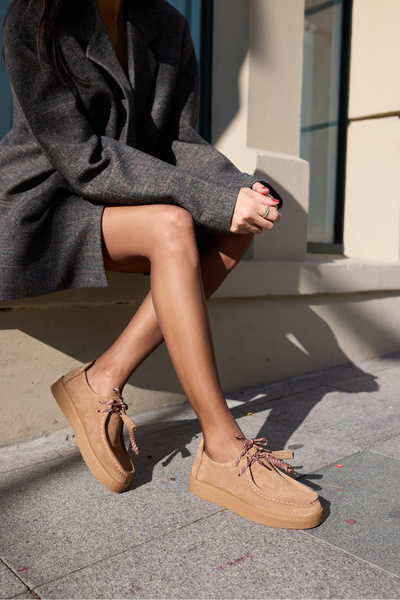 ANGELİNA JONES Lemario Women's Taba Genuine Suede Lace-Up Detail Loafer Shoes