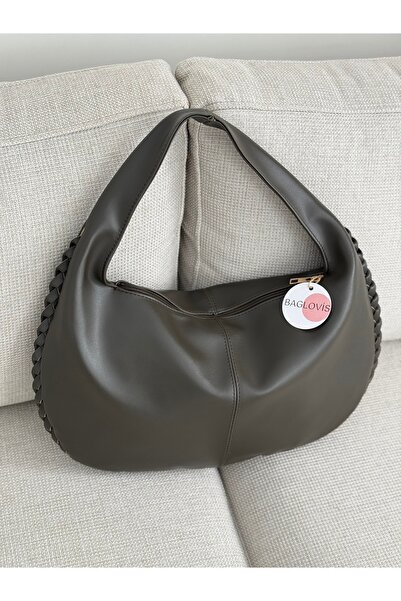 BAGLOVİS Big Casual Khaki Women's Shoulder Bag with Knitted Edges and Single Strap En43 Boy27