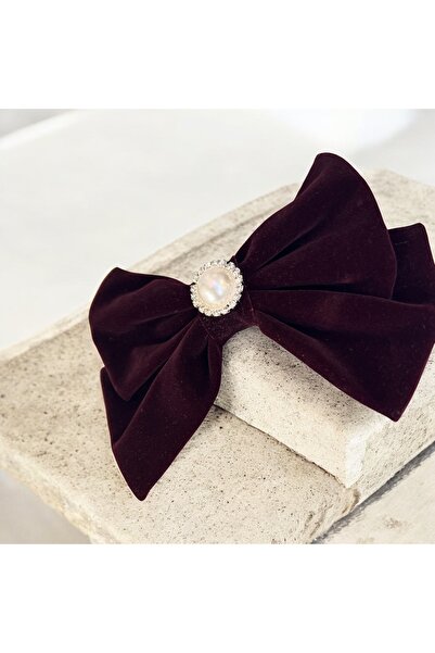 Rachel Suede Velvet Burgundy Large Design Pearl Crystal Stone Bow Buckle -16 cm