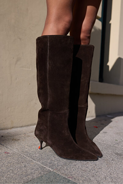 ANGELİNA JONES Marello Women's Brown Real Suede Heelled Boots