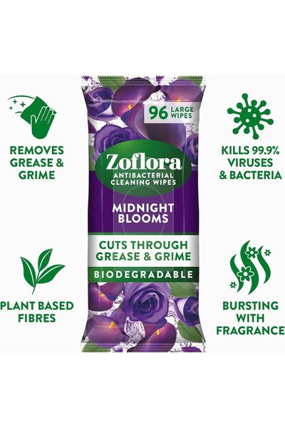 Zoflora Midnight Blooms Disinfectant Wipes, 96 pcs, Biodegradable, Plant-Based Antibacterial