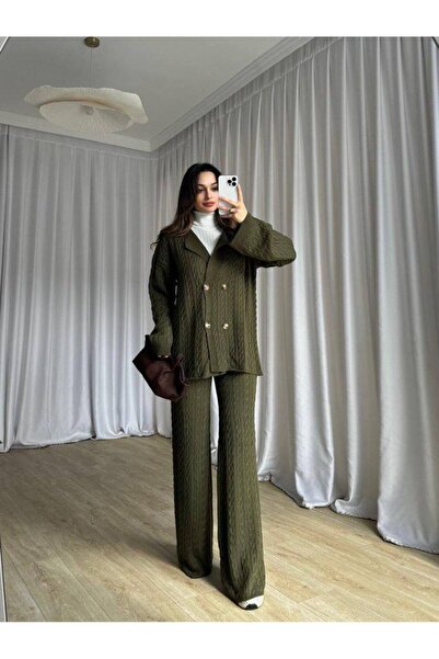 Narstorm Women's Braided Khaki Knitwear Buttoned Jacket Set