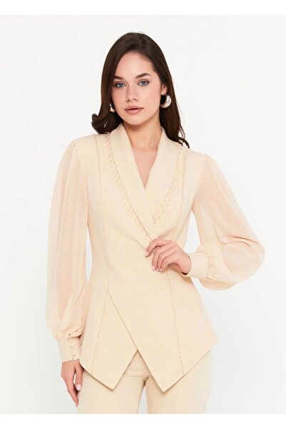 DEV LINE Nude Suit with Asymmetric Jacket and Puff Sleeves