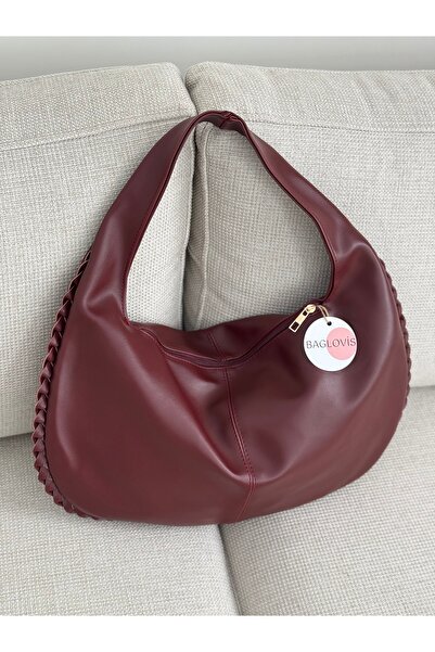 BAGLOVİS Braided Edges Single Strap Large Casual Burgundy Women's Shoulder Bag En43 Boy27