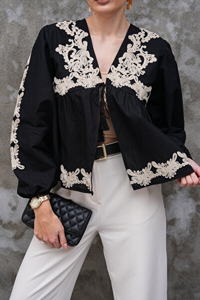 FancyWorld Black Tassel Front Tie Embroidered Slim Jacket