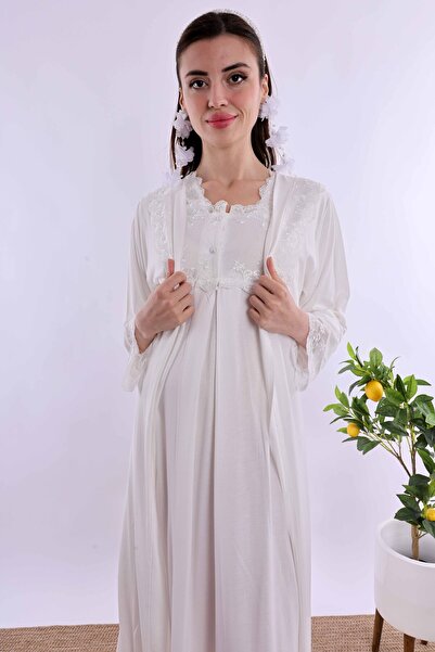 ByLohusa Effortt Ecru Maternity Nightgown Set with Dressing Gown