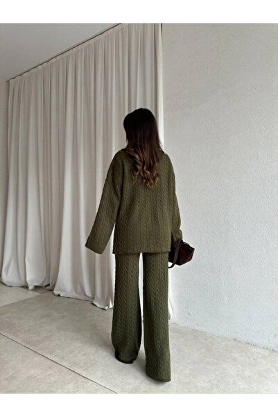 Narstorm Women's Braided Khaki Knitwear Buttoned Jacket Set