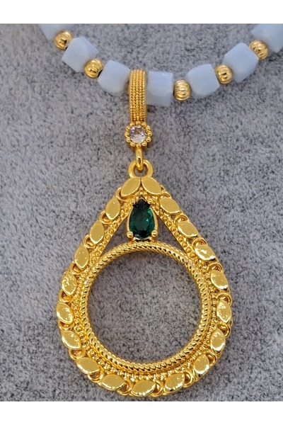 NETİCE ÖYLEK Blue Beaded Green Stone Quarter Pendant That Can Be Attached to a Necklace.