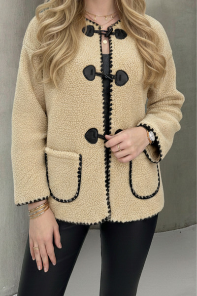 ALFUDO Moda Collection Beige Buttoned Plush Women's Coat
