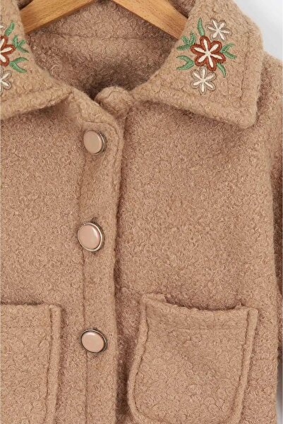 Ege Bebek Girl's Floral Embroidered Collar Buttoned Coat for Ages 2-3-4-5-6-7