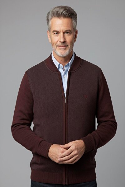 Mutlu City Men's Middle-Aged and over Knitwear Knitted Acrylic Zippered Winter Dad Cardigan 2062-Burgundy