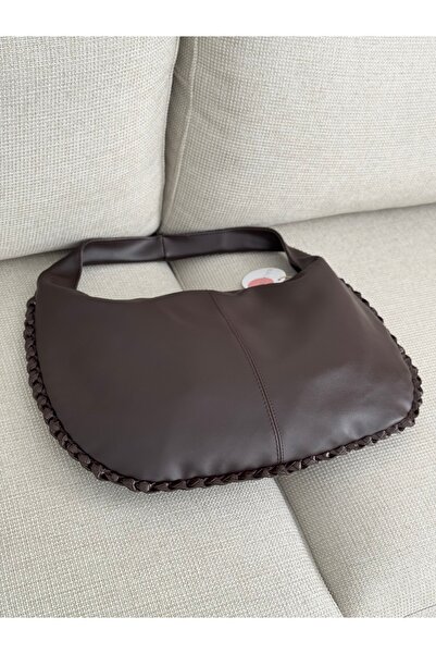 BAGLOVİS Braided Edges Single Strap Large Casual Brown Women's Shoulder Bag En43 Boy27