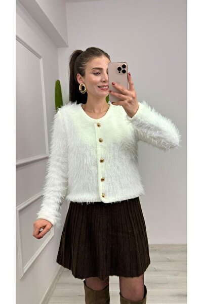 TUNAM BUTİK 4938 Gold Button Detailed Soft Cardigan Ecru
