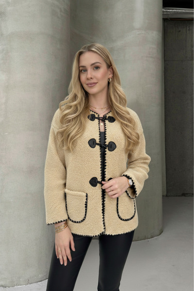 ALFUDO Moda Collection Beige Buttoned Plush Women's Coat