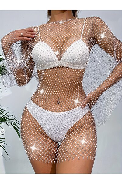 Veille Sparkly Mesh Detailed Sleeves Mini Mesh Evening Dress & Stone Embroidered Party Model, Sexy Mini Dress