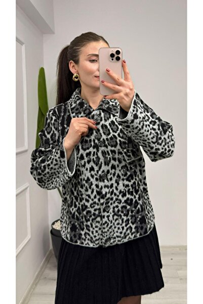 TUNAM BUTİK 4672 Polo Neck Leopard Patterned Cardigan with Pockets Black