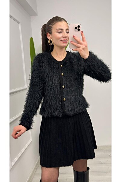 TUNAM BUTİK 4938 Gold Button Detailed Soft Cardigan Black