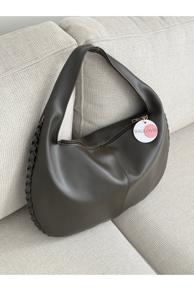 BAGLOVİS Big Casual Khaki Women's Shoulder Bag with Knitted Edges and Single Strap En43 Boy27