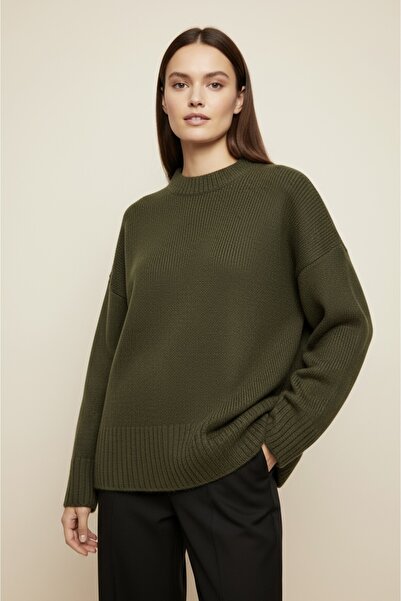 NEFESSE Bisiklet Yaka Fitilli Salaş Triko Kazak-Haki