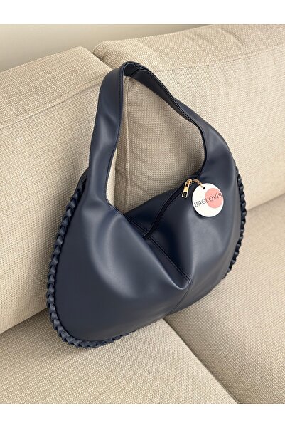 BAGLOVİS Big Casual Navy Blue Women's Shoulder Bag with Knitted Edges and Single Strap En43 Boy27