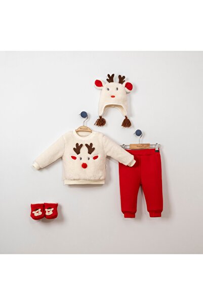 Necix Unisex Christmas Themed Deer Pattern Beret with Gloves Welsoft Fabric Set