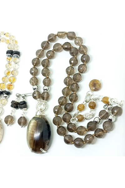 Sibelce 2522 Faset kesim dumanlı Kuvars el yapımı düğümlü kolye