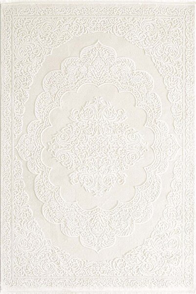 Enti Halı 4K Halı Akik 8601 Beyaz Hav Vermez Pamuk Tabanlı Akrilik Modern Desenli Makine Halısı