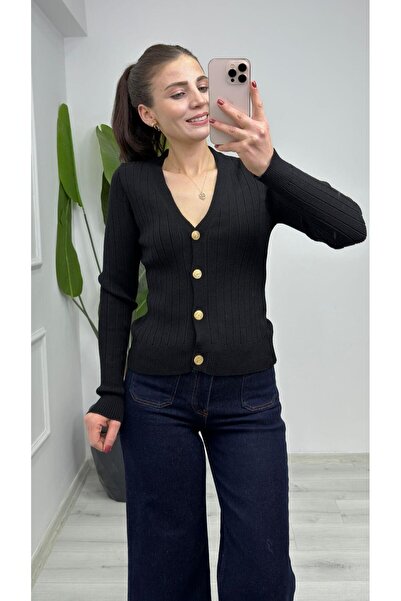 TUNAM BUTİK 4883 V-Neck Gold Buttoned Knitwear Cardigan Black