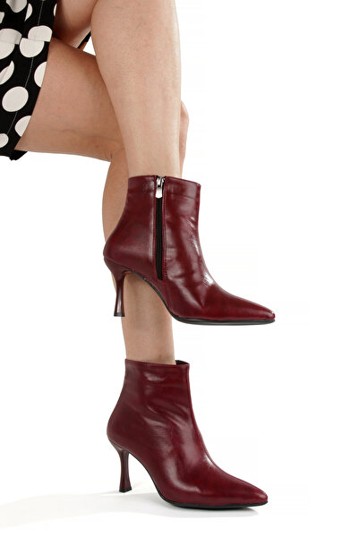 PAYZİN '' Deep'' Burgundy Wrinkled Patent Leather Pointed Toe 9 cm Thin Heel Zippered Classic Ankle Boots New Season