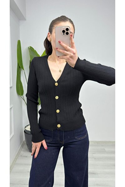 TUNAM BUTİK 4883 V-Neck Gold Buttoned Knitwear Cardigan Black