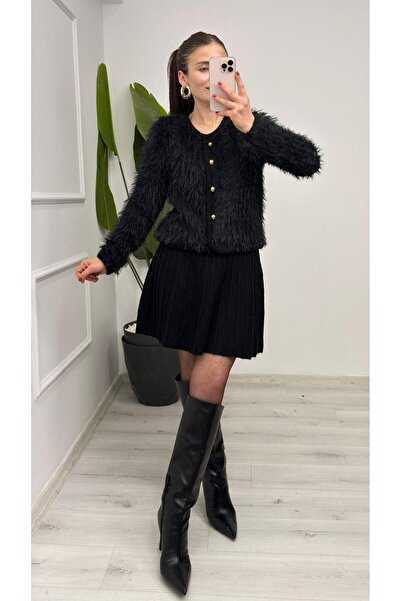 TUNAM BUTİK 4938 Gold Button Detailed Soft Cardigan Black