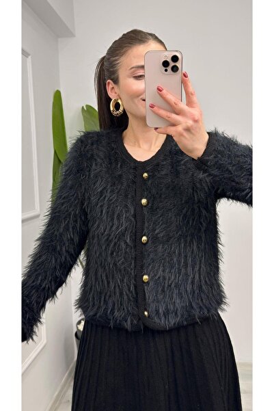 TUNAM BUTİK 4938 Gold Button Detailed Soft Cardigan Black