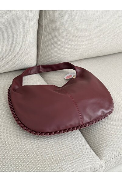 BAGLOVİS Braided Edges Single Strap Large Casual Burgundy Women's Shoulder Bag En43 Boy27