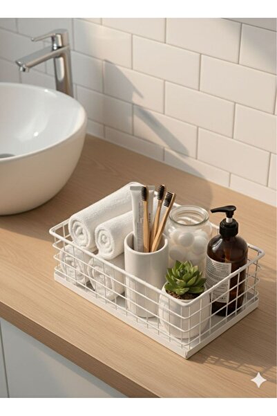 özmert منظم للمطبخ والحمام، سلة معدنية كبيرة بيضاء اللون